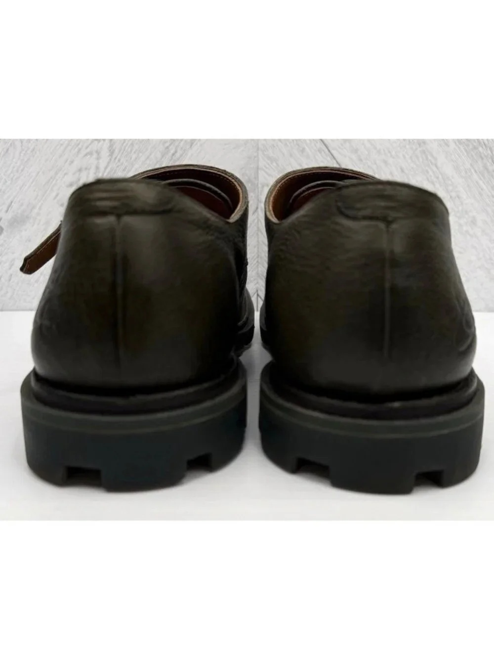 John Fluevog Collingtree Mens 10 Olive Green Leather Double Monk Strap Lug Shoes